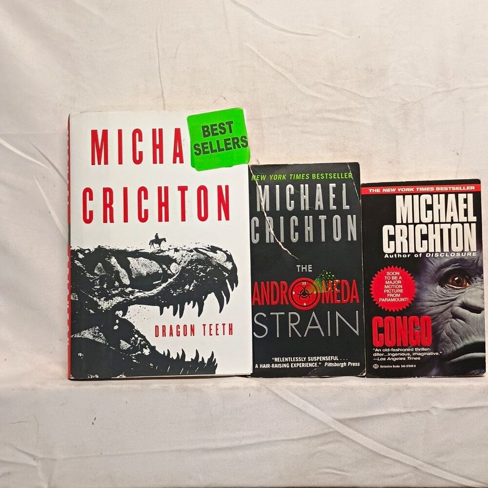 Michael Crichton 3 Book Lot Dragon Teeth Congo Andromeda Strain Thriller Sci-Fi